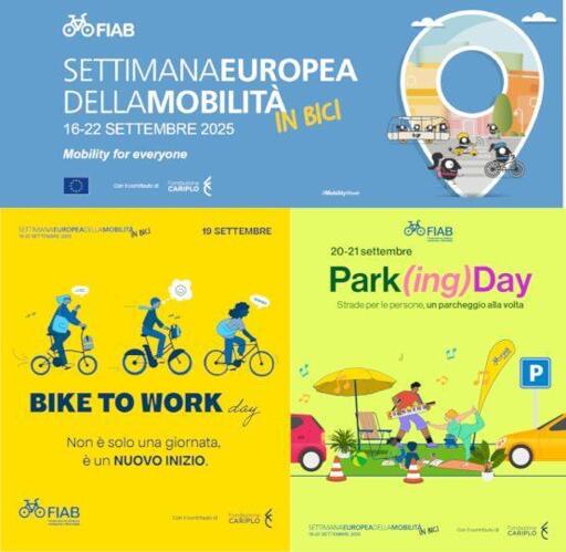 3 illustrazioni insieme

1 in alto
Settimana europea della mobilità in bici, 16-22 settembre, mobility for everyone

2 a sinistra
Bike to work day: non è solo una giornata, è un nuovo inizio

3 a destra
Park(ing) day: strade per le persone, un parcheggio alla volta