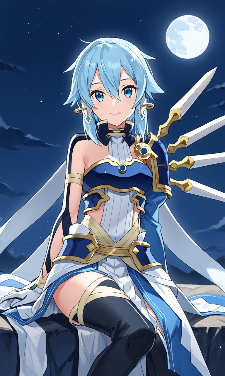 A young woman with short, blue hair and blue eyes sitting on a ledge under a night sky with a full moon. She is dressed in an intricate outfit that consists of a blue and white striped dress with blue armor plates with gold accents, a detached collar, and blue thigh high boots. In the background, the night sky is deep blue with scattered stars, and the full moon.