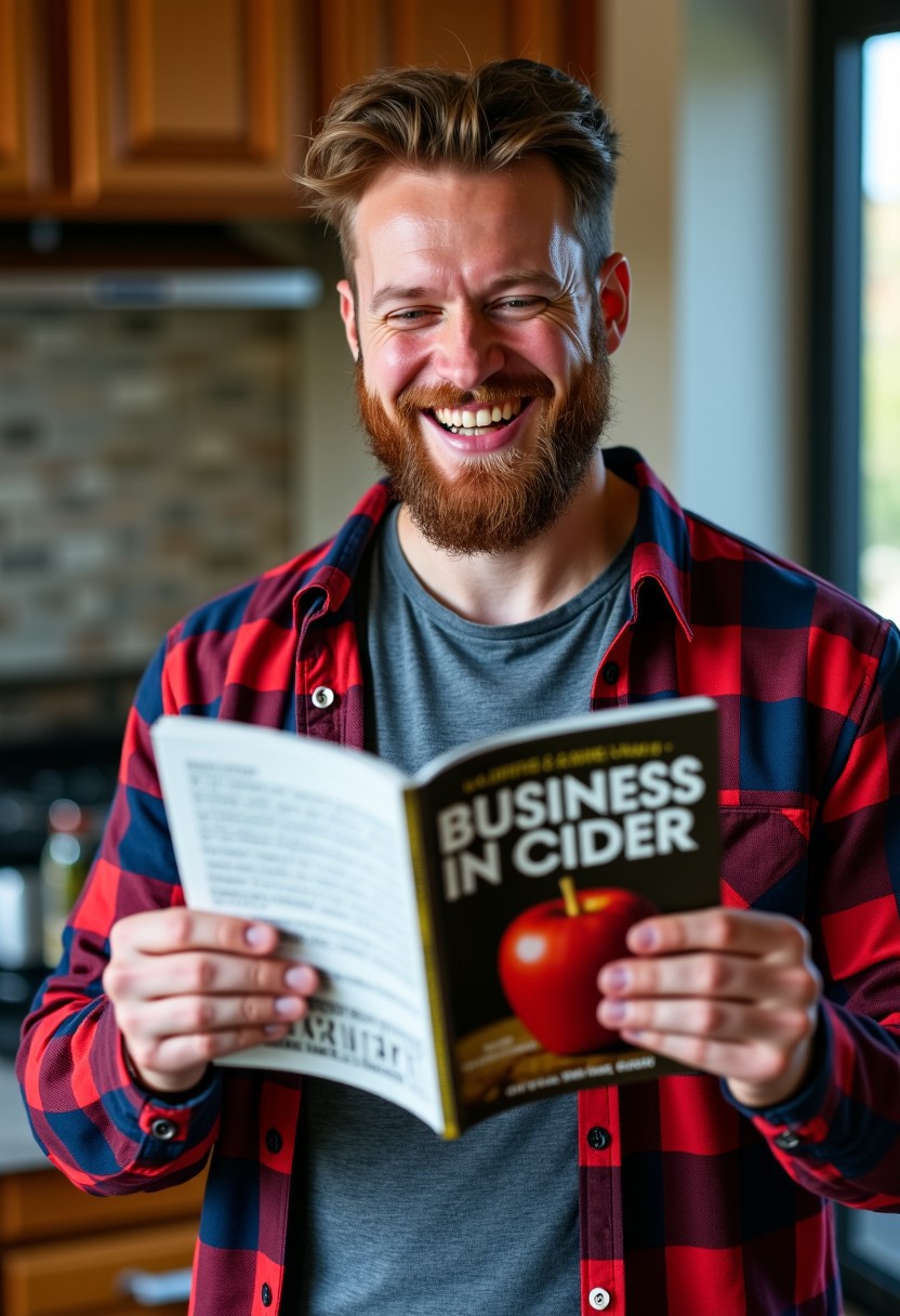 A man laughing man standing in a kitchen, holding open a book titled ‘BUSINESS IN CIDER’ with an apple resting on a wooden counter on its cover. The setting includes kitchen elements like wooden cabinets and what appears to be a stainless steel appliance in the background.