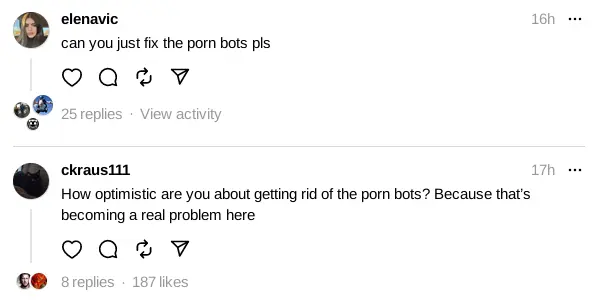 Screenshot of two comments under the zuck's announcements asking how they will solve the porn bots problem on Threads.