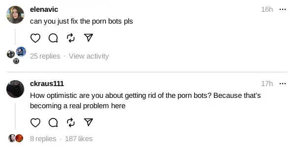 Screenshot of two comments under the zuck&#39;s announcements asking how they will solve the porn bots problem on Threads.