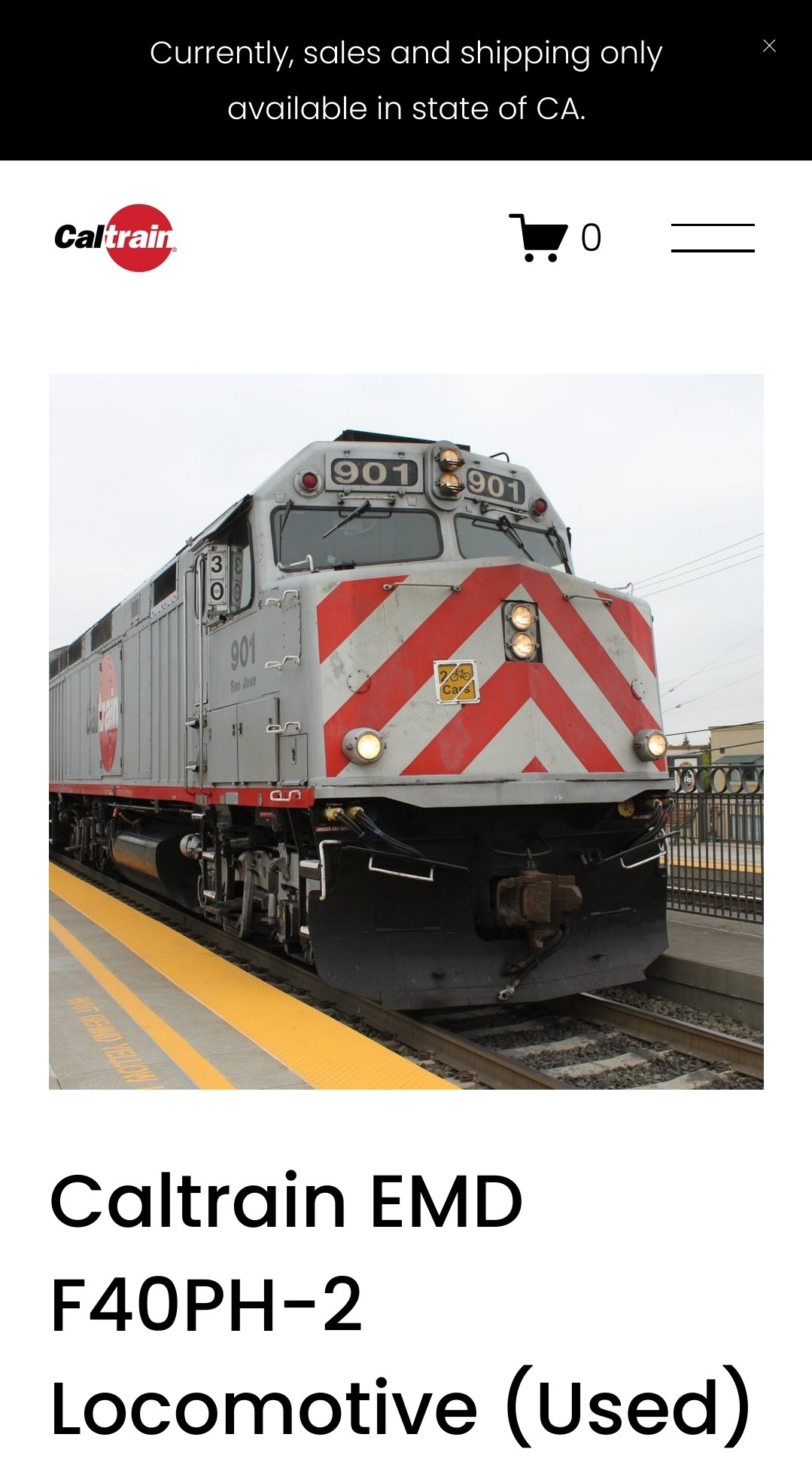 A mobile web screenshot of the Caltrain store page for the Caltrain EMD F40PH-2 Locomotive (used). Pictured within the page is a White and Red Caltrain Livery  Locomotive Engine #901.