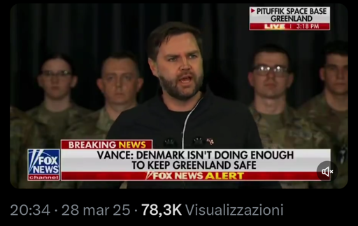 Vance nel suo comizio dentro la base Nato in Groenlandia mentre accusa la Danimarca di non aver fatto abbastanza per gli abitanti dell'isola