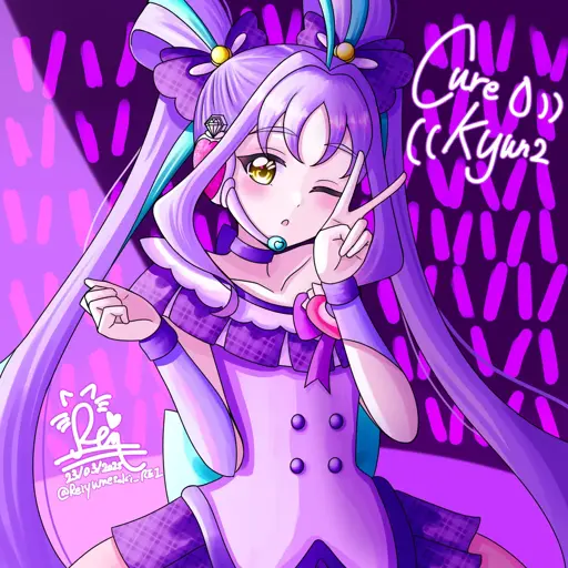 Cure Kyun Kyun from Kimi to Idol Precure (You and Idol Precure) doing the peace sign. The scenery is purpleish. She's a bit nervous because of the public.