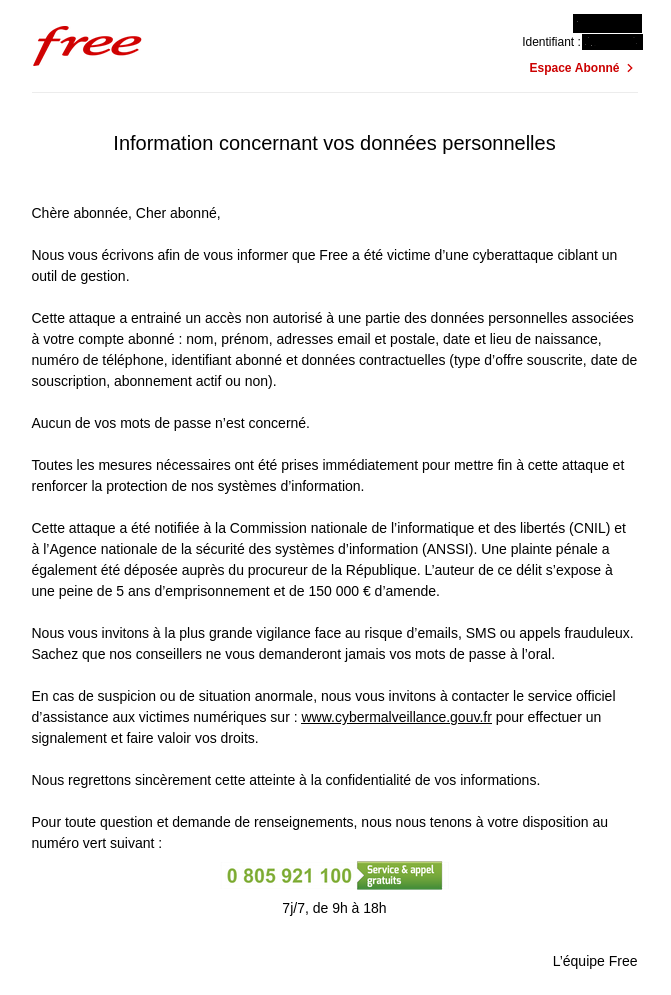 Un email de free informant d'une cyberattaque entraînant la fuite de données personnelles. On annonce qu'aucun mot de passe n'est concerné..