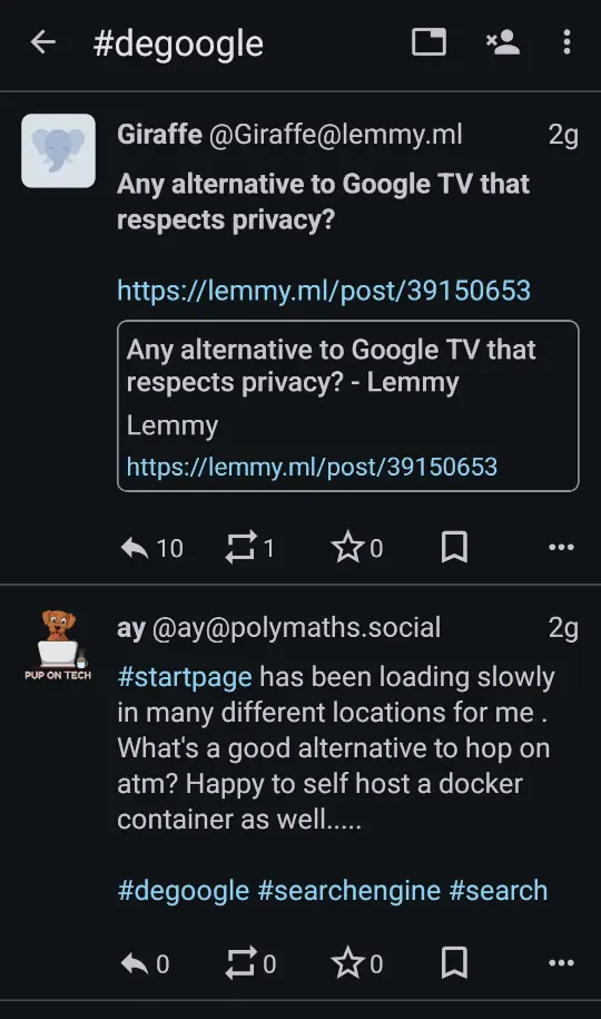 My timeline on the hastag #degoogle showing a post from @degoogle@lemmy.ml community and a random microblogging post that actually contains the hastag itself