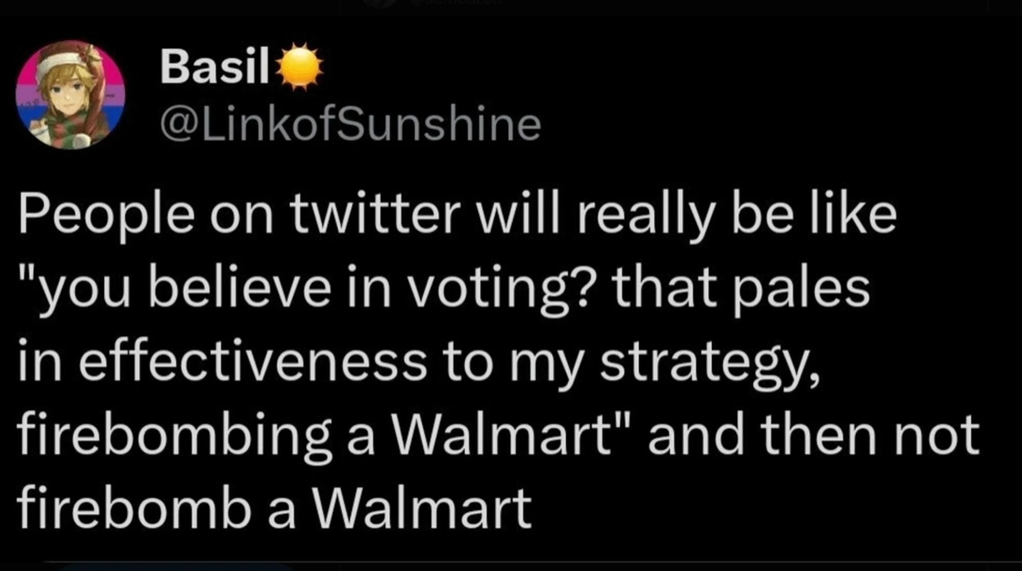 Screencap of a tweet that says: Basil @LinkofSunshine People on twitter will really be like "you believe in voting? that pales in effectiveness to my strategy, firebombing a Walmart" and then not firebomb a Walmart