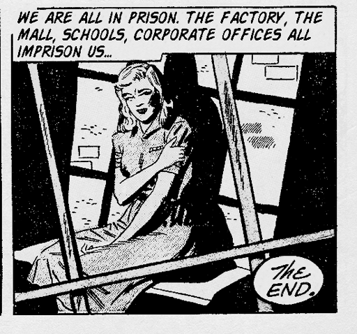 Vignetta di un fumetto che rappresenta una donna seduta su una panca rigida, vista dall'esterno della sua cella, mentre campeggia in alto la descrizione della situazione

We are all in prison. The factory, the mall, schools, corporate offices all imprison us... 
