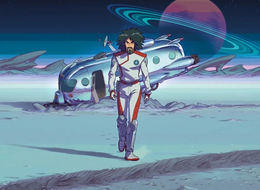 Un astronauta (Caparezza) in tuta spaziale cammina su un paesaggio lunare desolato, con un'astronave danneggiata sullo sfondo. Sullo sfondo, un grande pianeta con anelli e un cielo colorato.