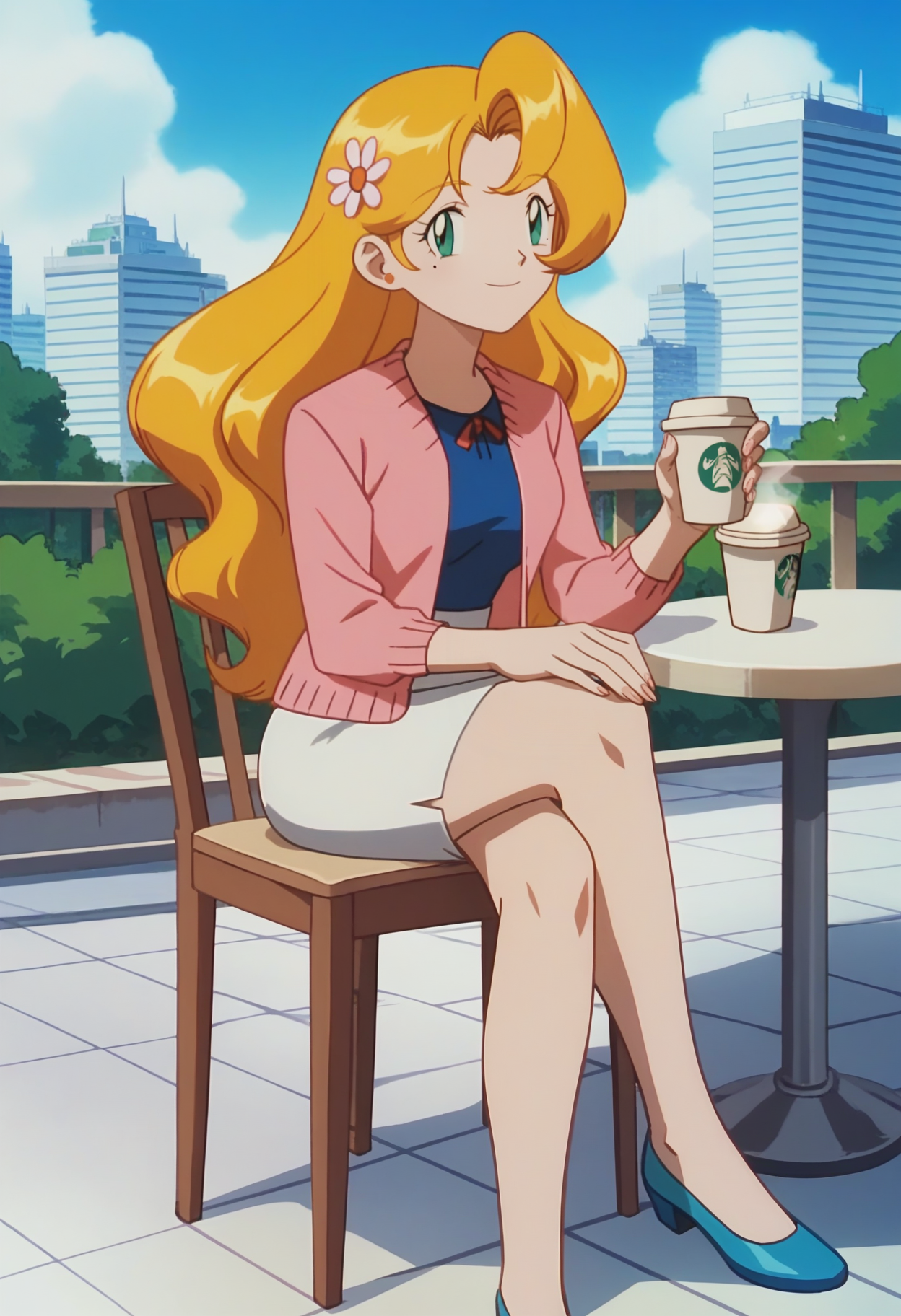 A young woman with green eyes and long, wavy blonde hair adorned with a white flower on the right side. Her outfit consists of a pink cardigan over a blue blouse, paired with a white skirt and blue high heels. In her left hand, she holds a white paper cup with a green logo, with her right on her lap. The background depicts a bright, sunny day with trees, a blue sky, and several skyscrapers in the distance. She is seated on a wooden chair on a balcony with a light-colored tiled floor and a round metal table to her right. 