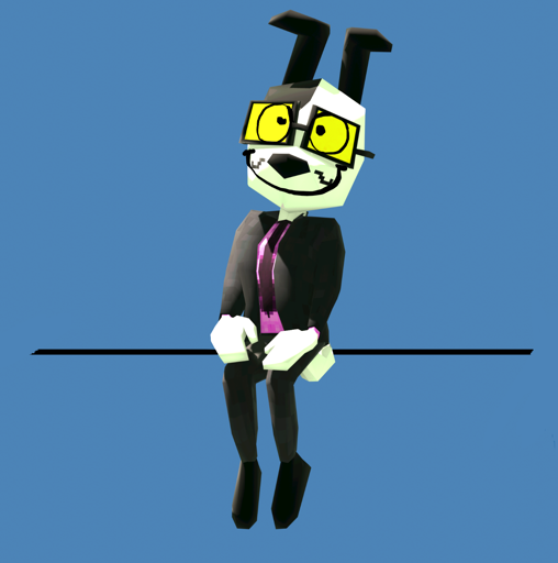 3d render of fursona in a purple shirt, black blazer, necktie, pants and shoes and yellow glasses sitting somewhere and smiling and looking stupidly, his hands are on his laps.