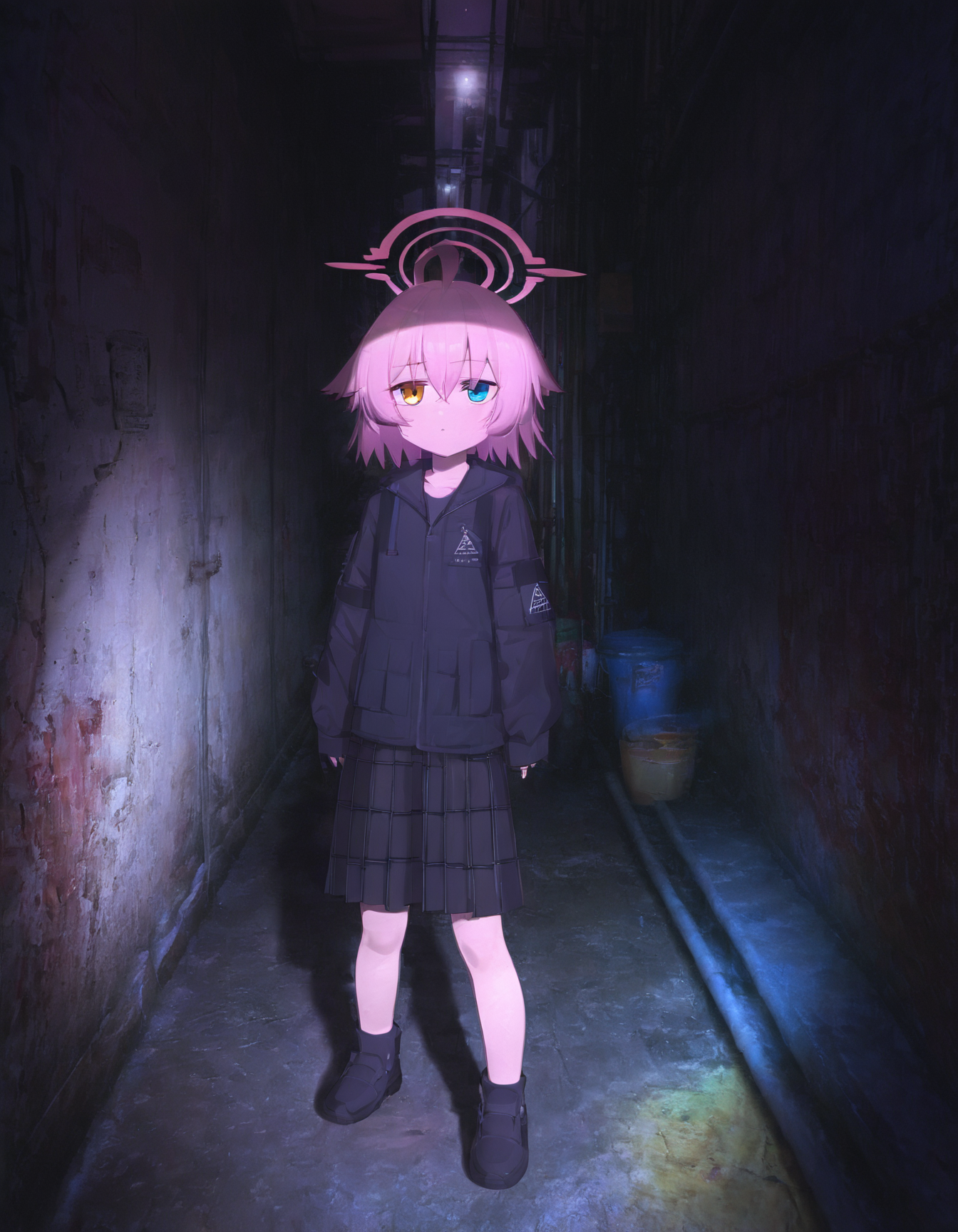 A girl standing in a dimly lit, narrow corridor with dilapidated walls. She has pink hair and a large glowing pink halo floating above her head. Her eyes are mismatched; one is yellow, and the other is blue. She wears a black hoodie with a small, white emblem on the left side of the chest and sleeve, a black skirt, black socks and shoes. The girl's expression is neutral, and she stands with her hands by her sides, gazing forward. 