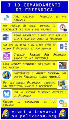 I 10 COMANDAMENTI DI FRIENDICA: I - ABBI PAZIENZA. FRIENDICA IS NOT FRIENDLY II - NON PARLARE DA SOLO E IMPOSTA LA VISIBILITÀ DEI TUOI POST E DEL TUO PROFILO III - FAI IN MODO CHE I TUOI POST CON TITOLO SIANO LEGGIBILI PER GLI UTENTI MENO FORTUNATI CHE USANO MASTODON IV - ANCHE SE HAI GIÀ UN BLOG O UN ALTRO ACCOUNT DEL FEDIVERSO, FRIENDICA È IL TUO MIGLIOR ALLEATO V - UTILIZZA RACCOON FOR FRIENDICA PERCHÉ È UN'APP ECCEZIONALE E FUNZIONA ANCHE CON MASTODON VI - CREA ACCOUNT SECONDARI COLLEGATI AL TUO PROFILO VII - SOSTITUISCI I "GRUPPI FACEBOOK" (ANCHE QUELLI PRIVATI) CON I GRUPPI FRIENDICA E GESTISCILI INSIEME AI TUOI AMICI VIII - IMPARA A USARE IL CALENDARIO EVENTI DI FRIENDICA, TOTALMENTE FEDERATO CON MOBILIZON, GANCIO E WORDPRESS IX - SE HAI UN ACCOUNT BLUESKY GESTISCILO DA FRIENDICA E FAI SCHIATTARE DI INVIDIA GLI UTENTI BLUESKY X - RICORDA DI SUPPORTARE FINANZIARIAMENTE LA TUA ISTANZA