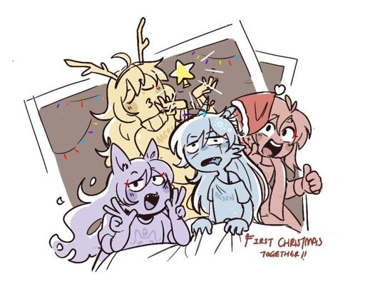 Art of the RWBY girls waking a distraught-looking Weiss up for Christmas. 