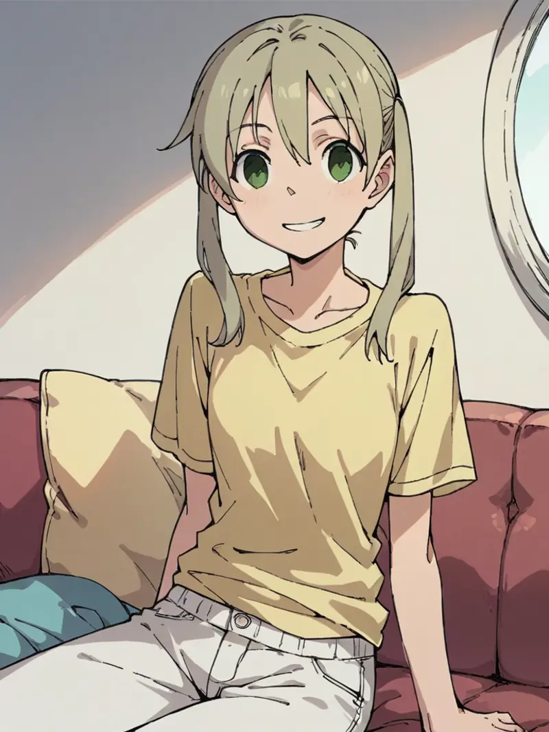 A girl with short, light-colored hair and green eyes, casually dressed in a yellow t-shirt and white pants. She is seated on a red couch with blue cushions, leaning back slightly in a relaxed posture, and offering a friendly smile. 