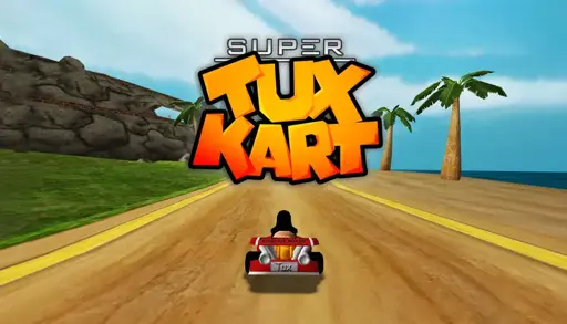 "Un personaggio di cartone animato, Tux, guida un go-kart su una pista sabbiosa con palme, mentre il titolo 'SUPER TUX KART' è visibile in alto con caratteri grandi e colorati."