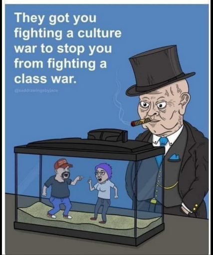 a man in a tophat looks upon an aquarium with two tiny people inside. one is MAGA, the other a liberal