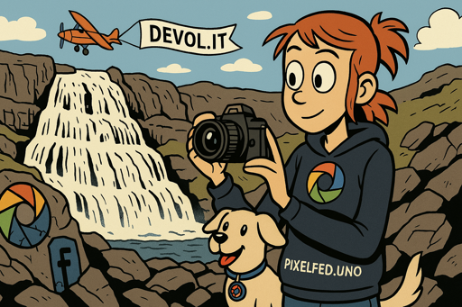 L'immagine è un'illustrazione colorata che raffigura una giovane ragazza con capelli rossi raccolti in una coda di cavallo, che tiene in mano una macchina fotografica. Indossa un felpa nera con il logo di PixelFed, un servizio di condivisione fotografica, e la scritta "PIXELFED.UNO" sul davanti. Accanto a lei c'è un cane di colore marrone chiaro con un collare e una targhetta. Sullo sfondo, si vede un paesaggio montuoso con un'imponente cascata che scende tra rocce scure. In alto, un aereo rosso vola con un banner che recita "DEVOL.IT". Sul lato sinistro dell'immagine, c'è un simbolo di Chrome e un logo di Facebook inciso in una roccia. L'atmosfera è vivace e colorata, con un cielo azzurro e nuvole bianche.