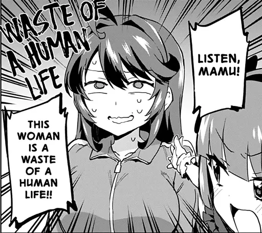 Crop of a page from Magical Girl 201. A girl is pointing to a woman, her speech bubble reads: "Listen, Mamu! This woman is a waste of a human life!!"