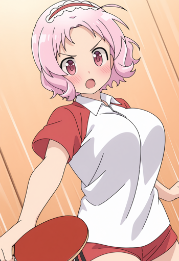A young woman with pinkish-red eyes, short pink hair, and an intense, focused expression in a dynamic pose, holding a red ping-pong paddle. Her outfit consists of a white and red polo shirt and matching red shorts, and a white frilly headband. Bright, clean light from the upper right illuminates the character, creating soft, defined shadows. The background is a simple light brown with vertical motion lines, suggesting action. 