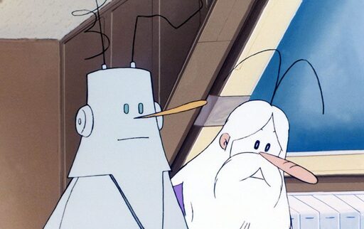 Screencap from "Once Upon a Time... Space": Maestro next to Metro, a robot based on his likeness.