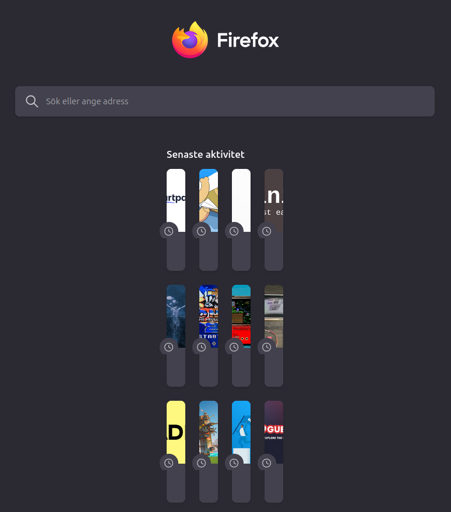 A screenshoft of Firefox with latest activities buttons on the new tab page. The activities have shrunk to small columns.