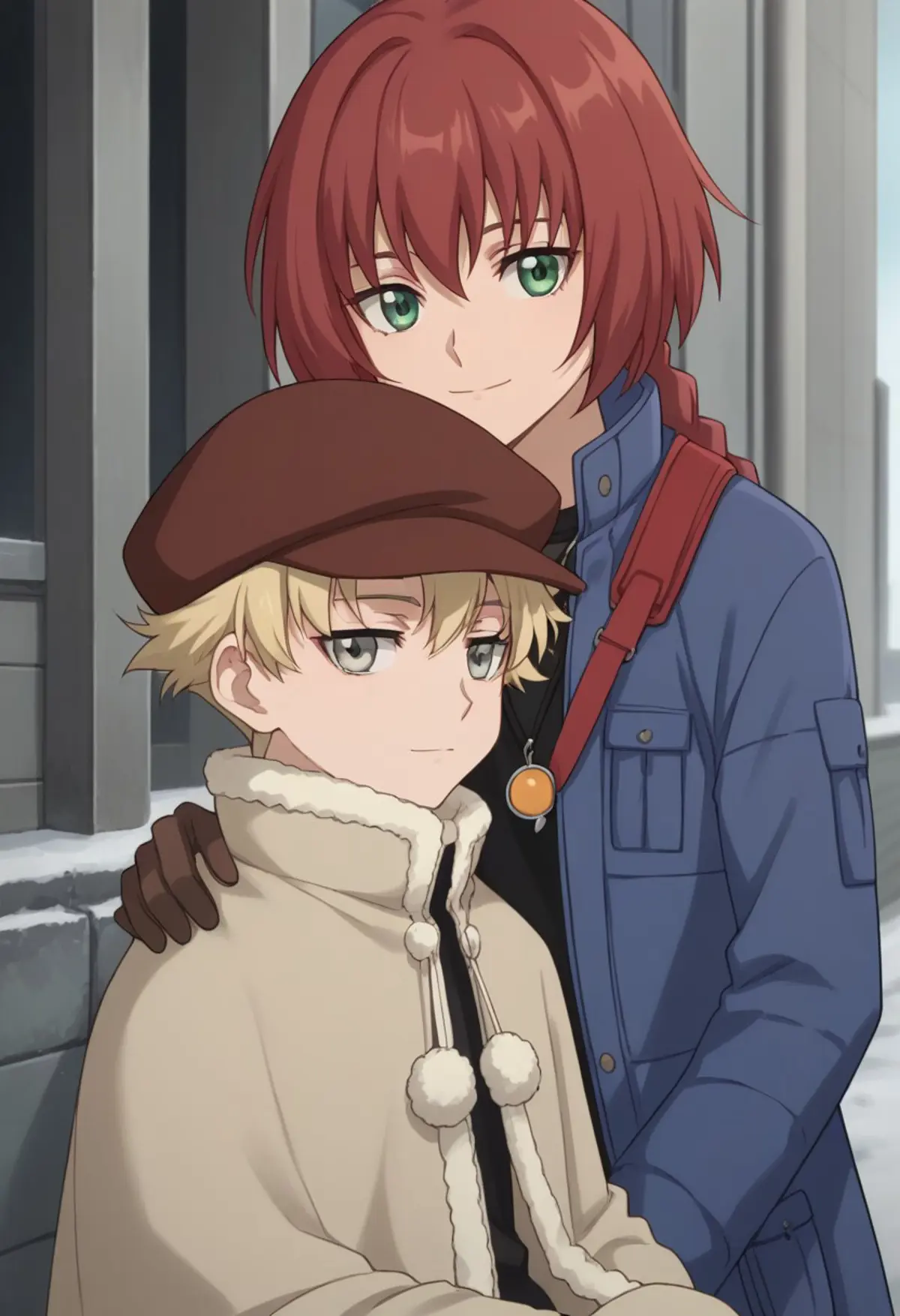 Two children posing for a photo in front of a building. The boy in the foreground is dressed in a cream-colored cape with fluffy white trim and a brown hat. The girl behind him, with bright red hair, is wearing a blue jacket with the red straps of a bag over her shoulder, is resting her hand on the boy's shoulder.