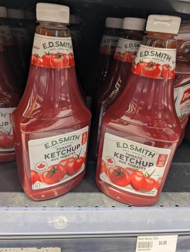 E.D. Smith ketchup bottles on shelf