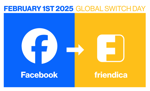 L'immagine mostra un'indicazione per il "Global Switch Day" del 1° Febbraio 2025.  A sinistra, su sfondo blu, c'è il logo di Facebook. Una freccia punta a destra, verso un quadrato giallo con il logo di Friendica. Sotto ogni logo è scritto il rispettivo nome.