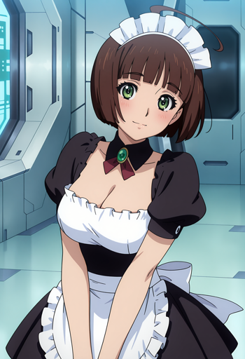 A woman with short brown hair and green eyes in a futuristic ship setting. She is dressed in a classic French maid outfit, featuring a black dress with sleeves, a white apron, a black detached collar with a green gemstone pendant, and a white frilled headband.