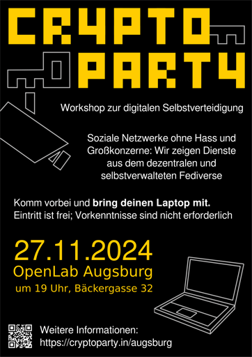 Einladung zur Cryptoparty Augsburg mit Schwerpunkt Fediverse: https://cryptoparty.in/augsburg