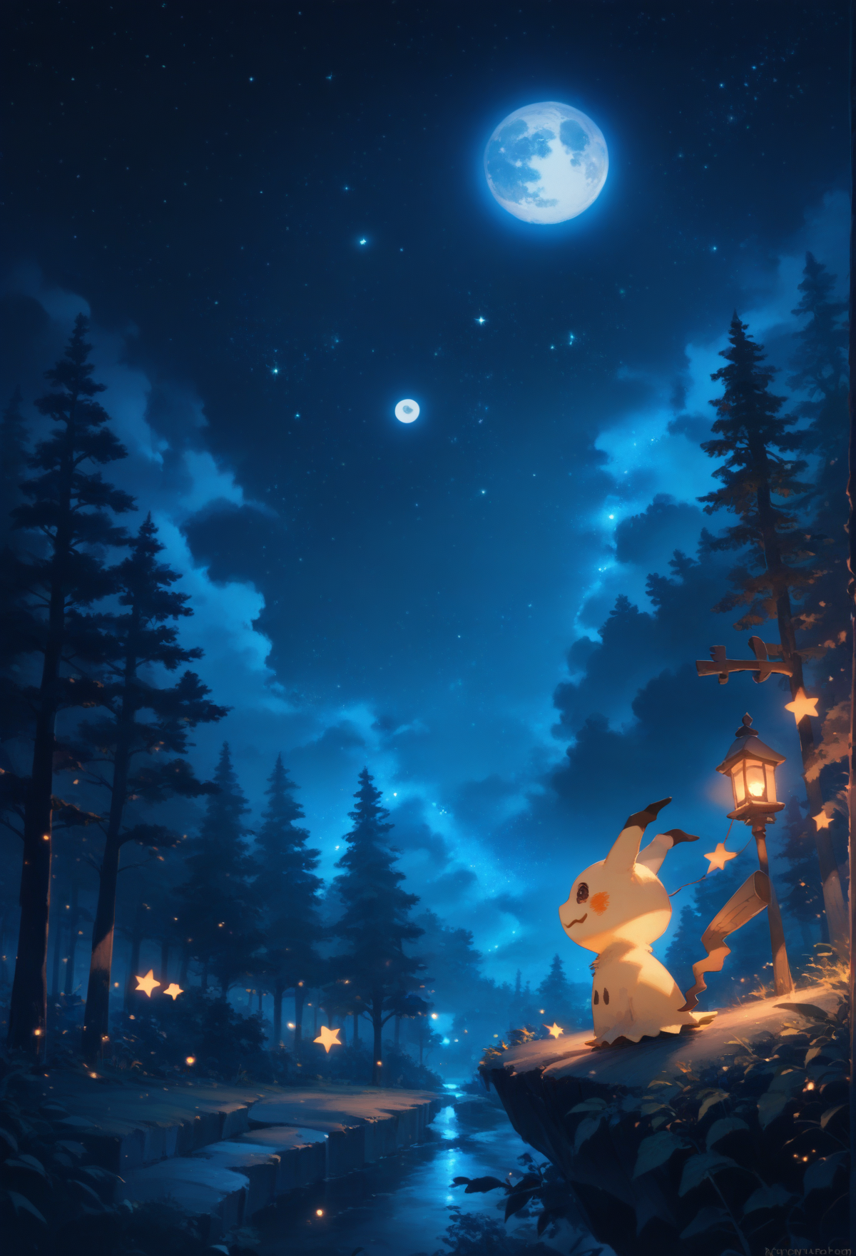 A serene night scene in a forest. The sky is a deep blue, dotted with stars and a bright, full moon. The moonlight reflects off a gently flowing river in the foreground, adding to the tranquil atmosphere. In the lower-right of the image, a small creature resembling a Pikachu from the Pokémon series is perched on a rock. It has a yellow body, red cheeks, and long, pointed ears, and illuminated by a nearby lantern. Surrounding the scene are tall, dark silhouettes of evergreen trees, and glowing star shaped lights float around, adding a magical touch to the scene. 