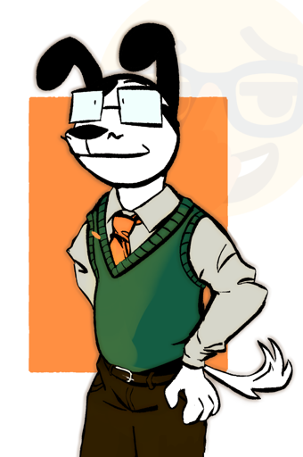 Dog fursona stands somewhere and looks away. His fur is black and white, he wears glasses, orange necktie, beige shirt, dark green vest and black pants. He's smiling. Background is abstract. It's predominantly white and contains orange rectangle and opaque smug nerd emoji