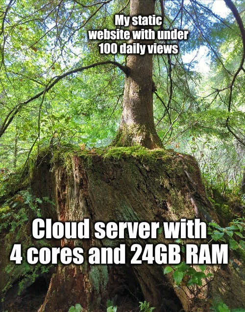 A small tree growing out of the stump of a much larger tree. The stump is captioned "Cloud server with 4 cores and 24GB RAM" and the tree is captioned "My static website with under 100 daily views"