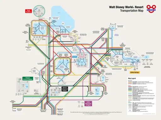 Mappa dei trasporti pubblico di Disney World fatta nel classico stile delle mappe dei mezzi delle citta con linee colorate a rappresentare le linee di autobus o metro.

Dalla mappa si capisce che il sistema è molto esteso e capillare