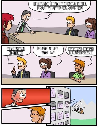 Mème : una riunione al ministero. 
Il ministro dice : « Il traffico è diventato insostenibile, bisogna trovare una soluzione! ». Un sottosegretario dice : « Allarghiamo le strade! » ; un collega : « Le auto a guida  autonoma » ; un altro collega, con aria scocciata : « Investiamo su mezzi  pubblici e ciclabili ». Il ministro è furioso con quest'ultimo. Lo getta fuori dalla finestra