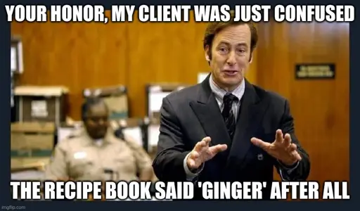 your honor, my client was just confused. the recipe book said 'ginger' after all (image of Saul Goodman(lawyer) arguing)