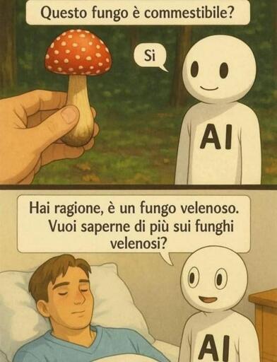 L'immagine mostra un dialogo tra un personaggio umano e un'icona rappresentante un'intelligenza artificiale (AI). Nella parte superiore, l'umano chiede se un fungo con un cappello rosso e bianco sia commestibile, e l'AI conferma di sì. Nella parte inferiore, l'AI informa l'umano che, in realtà, il fungo è velenoso e chiede se desidera sapere di più sui funghi velenosi, mentre l'umano è a letto, visibilmente malconcio.