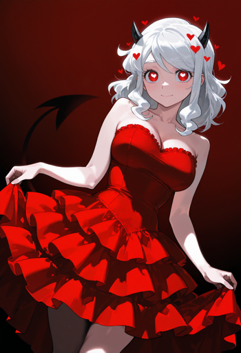 A young woman with short white hair, red eyes, small, black, curved horns on her head and a matching black tail with an arrowhead-shaped tip. She wears a strapless, red, ruffled dress that she is lifting with her hands. Her expression is playful, with a smile, heart shaped pupils and red hearts floating around her head. 