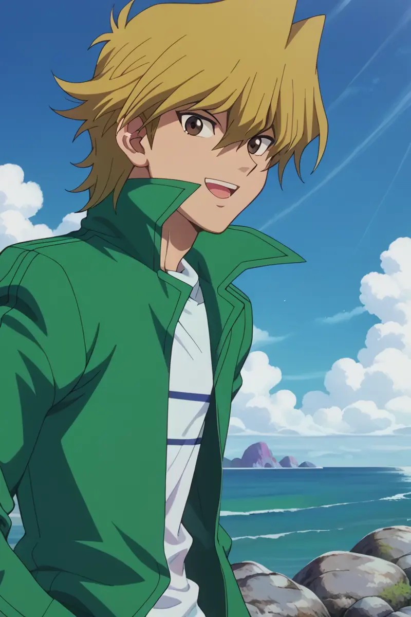 A smiling young man with blonde hair and brown eyes, standing on a rocky shoreline. He is dressed in a high collared green jacket and a white shirt. 